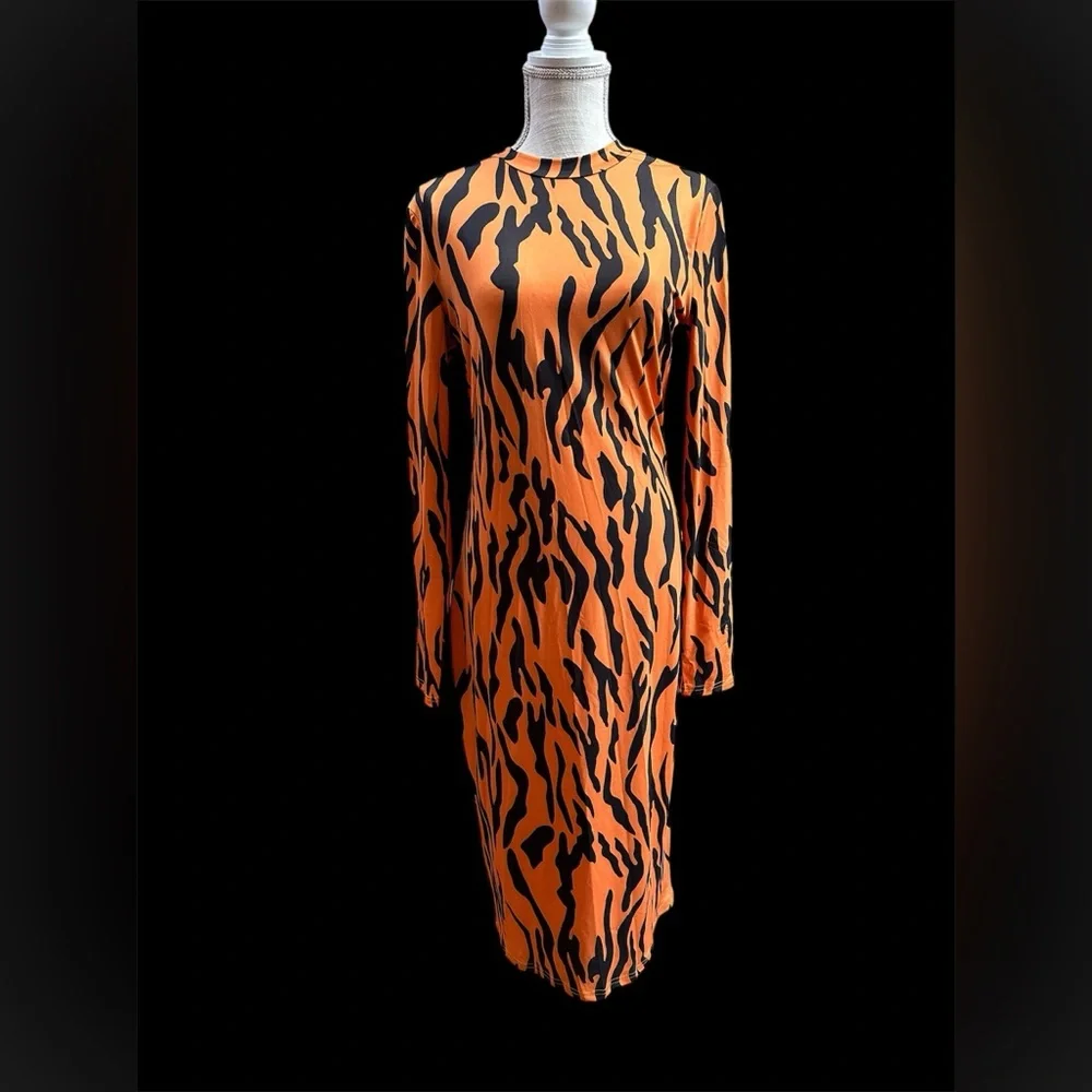 SHEIN sz LG long sleeve tiger print midi dress stretchy Halloween costume - Picture 4 of 9